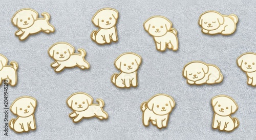 Cute Seamless Pattern with Adorable Maltese Puppies, Gold and Cream Line Art on Textured Grey Background;