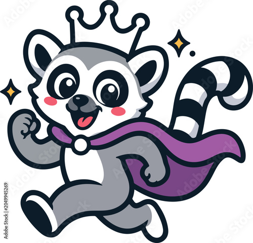 Cartoon lemur wearing a crown and cape