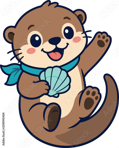 Cartoon otter holding shell with blue scarf
