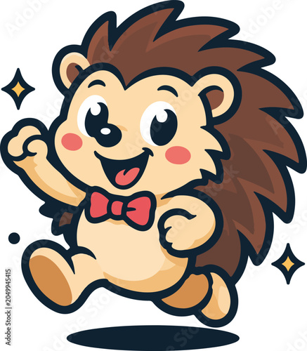 Cartoon hedgehog mascot running with bow tie vector illustration