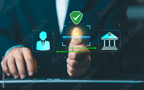 Biometric fingerprint scanning for secure banking authentication, identity verification and cyber security safety database access protection concept with icon.