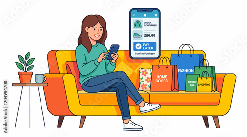 Happy young woman sitting on sofa and using mobile app for buy now pay later service