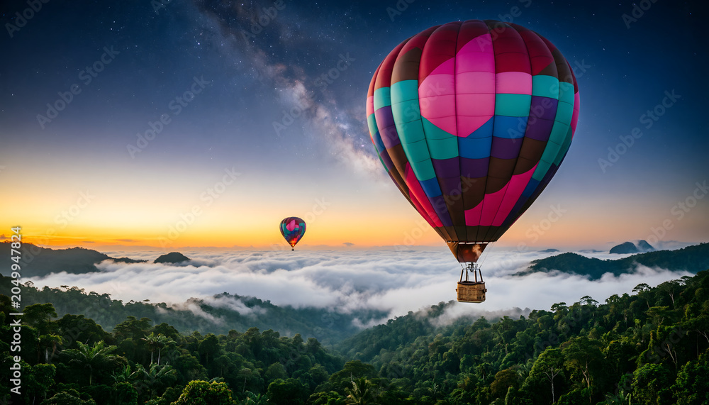 Fototapeta premium Colorful hot air balloon soaring above misty mountain valleys at golden sunset with starry twilight sky and sea of clouds