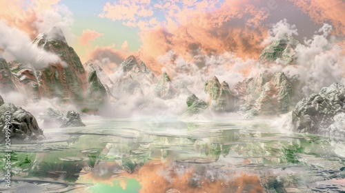 Serene Mountain Landscape with Reflective Water and Vibrant Sunset Sky
