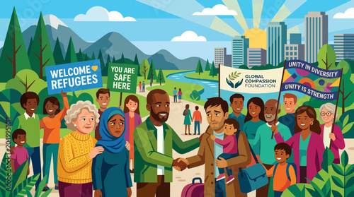 Schilderij op canvas Diverse group welcomes refugees and immigrants to a modern city, symbolizing unity and hope