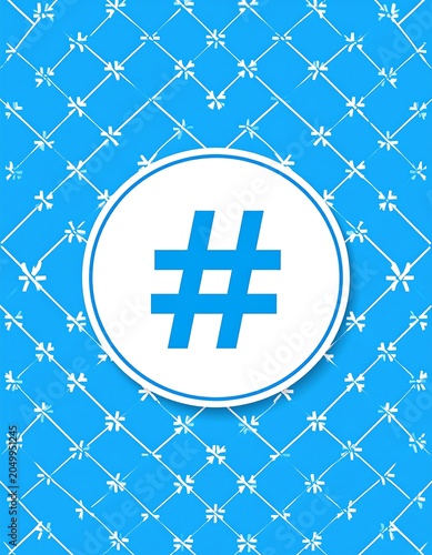 A blue background with white geometric patterns and a white circle containing a blue hashtag symbol