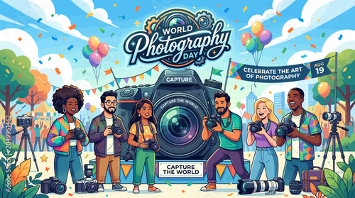 Slika na platnu World Photography Day Celebration with Diverse People and Giant Camera