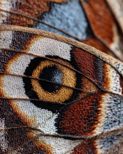 Close-up of butterfly wing texture showcasing intricate patterns and vibrant colors, highlighting the eye-like markings and natural beauty of the insect's scales