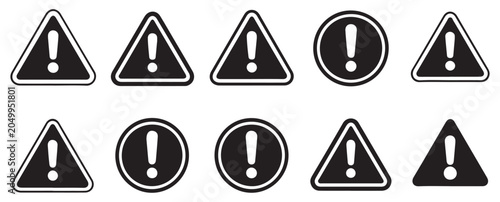 Set of warning icons with exclamation mark symbol for alert notification and attention message.