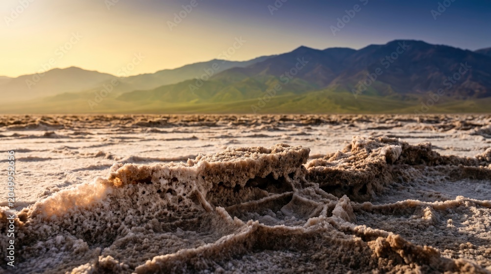 Obraz premium Salt flats landscape in death valley national park at sunset with rugged salt crust formations and distant mountain range
