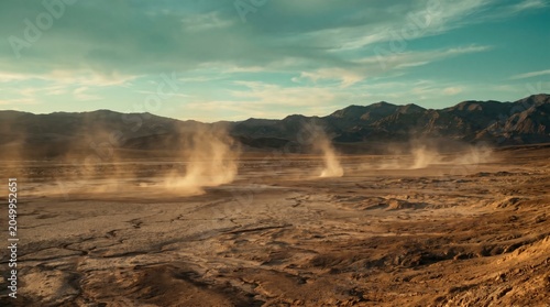 Dust devils swirling over the cracked, dry desert floor of death valley under a dramatic sky at sunset