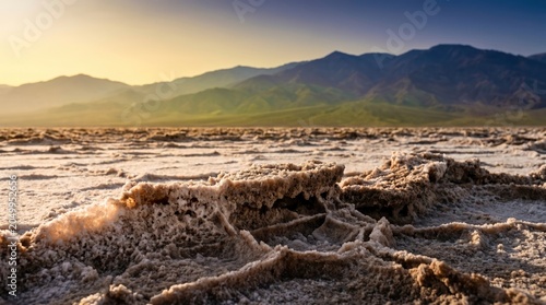 Salt flats landscape in death valley national park at sunset with rugged salt crust formations and distant mountain range
