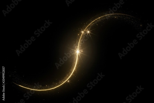 Golden glowing light trail with magic star dust sparkles isolated on black background