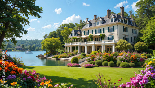 Elegant lakeside villa surrounded by vibrant floral gardens, lush green lawn, serene summer atmosphere, high detail photography