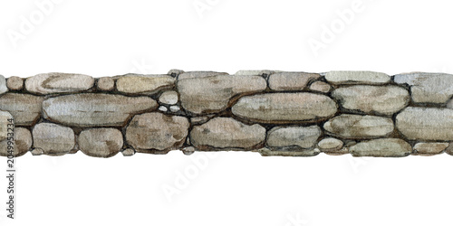 Stone wall seamless border isolated on background. Hand painted watercolor landscape png element for game assets, map making, garden design, outdoor branding and rustic projects.