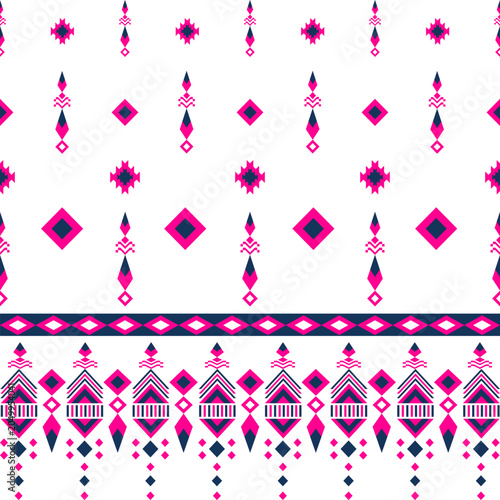 A vibrant geometric ethnic seamless pattern featuring traditional tribal motifs in hot pink and navy blue colors over a clean white background. Perfect for cultural backgrounds.