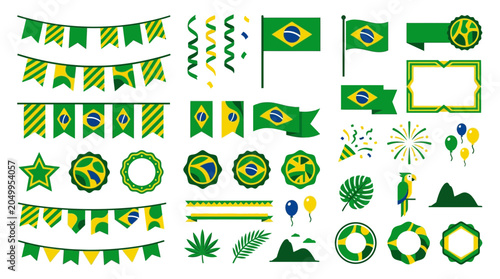 Brazilian festive icons and flags for carnaval celebrations