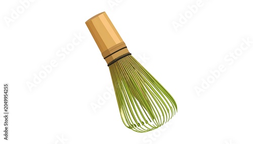 Digitally rendered, isolated matcha whisk, showcasing delicate, fine bamboo bristles. The handle is cylindrical and natural-toned