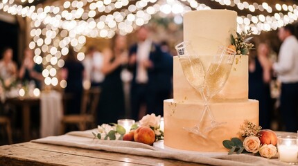 Three tier wedding cake decorated with champagne glasses and fresh peaches at reception party