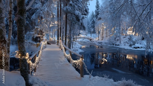 Snowy Forest Path with Wooden Bridge and Icy River in Winter Scene