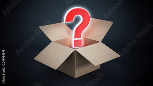 Red question mark inside the box. 3D illustration