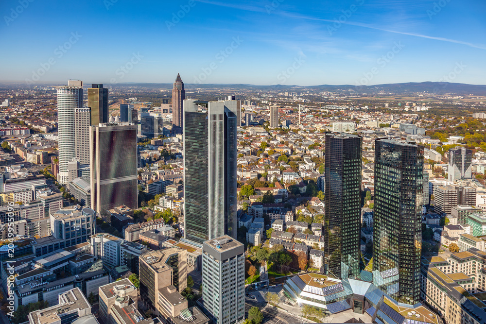 Fototapeta premium aerial of Frankfurt am Main with skyscraper and view to headquarter of Deutsche Bank - engl: german bank.