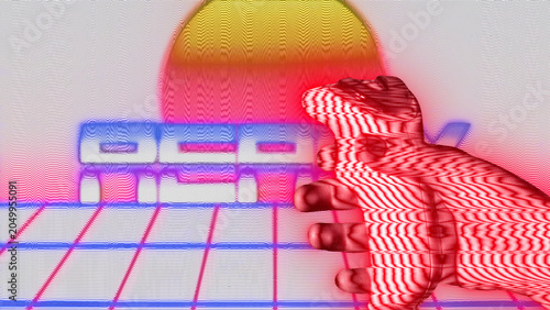 Retro-futuristic 3D render of gaming joystick with vibrant gradient sun and glitch wave patterns. Nostalgic 1980s aesthetic meets cyberpunk vaporwave style. For gaming and tech backgrounds.
