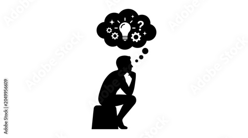 Photos Man sitting in contemplation with thought bubble.