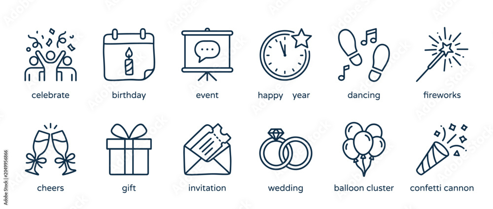 Fototapeta premium Collection of twelve celebration and party line icons representing birthday, wedding, new year, and events with editable stroke pictograms for web and mobile user interface design