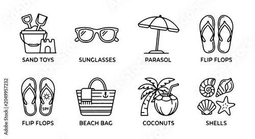 Slika na platnu 8 Beach silhouette icons, sand toys, sunglasses, parasol, flip flops, beach bag,