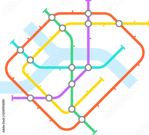 Abstract metro map showing interconnected lines and stations for urban travel planning