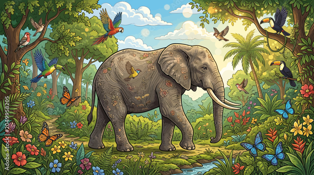 Fototapeta premium Majestic Elephant Walks Through Lush, Vibrant Jungle Paradise with Exotic Birds and Butterflies