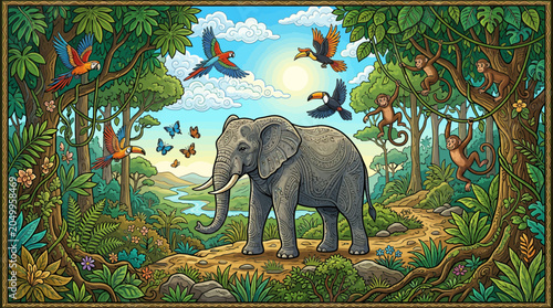 Photography Elephant in lush jungle with monkeys and parrots, sunny day, vibrant forest scen