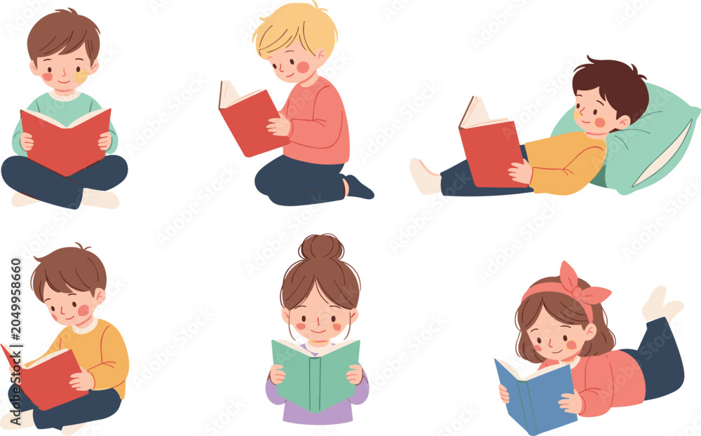 Fototapeta premium Set of cute cartoon children characters reading books, studying, and learning in comfortable sitting, kneeling, and lying poses.