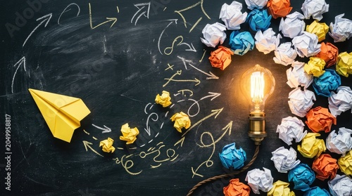 Yellow Paper Airplane Takes Flight Towards Bright Idea Bulb Surrounded by Crumpled Paper Balls on Chalkboard.