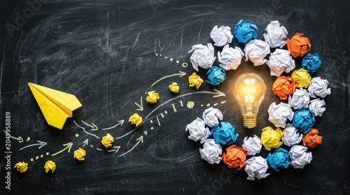 Yellow Paper Airplane Leading to a Light Bulb Idea Surrounded by Crumpled Paper Balls on a Chalkboard.