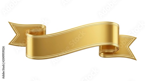 Golden Ribbon Banner with Decorative Edges Isolated on White Background.