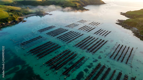 Aerial view of a large oyster farm in a picturesque bay with green hills