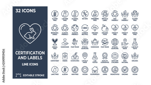Certifications and product label icon set. Contain icons related to Certifications, product label, natural ingredients, sustainability, eco packaging and more. Editable stroke. Vector illustration
