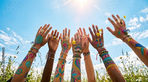 Diverse Hands Raised in Celebration Under a Sunny Sky.
