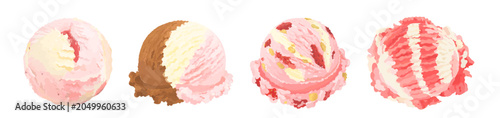 Foto Set of strawberry, Italian stracciatella chocolate, strawberry cheesecake and neapolitan ice cream scoop