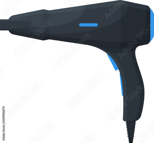 Black and blue hair dryer in flat vector design on a white background