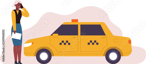 Fényképezés Woman making a phone call for a taxi ride standing next to a yellow cab