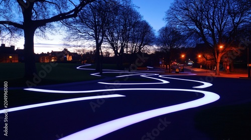 acceleration. Time-lapse of glowing footprints accelerating across a twilight park path. travel magazines, destination branding, designed for outdoor magazines and nature guides, drives exploration.