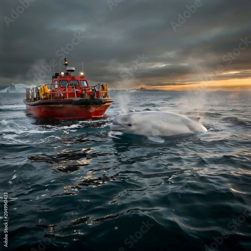 White Beluga Whale Emerging from Cold Ocean Waters During Polar Exploration