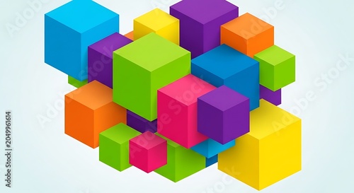 Colorful 3D geometric shape block arrangement.