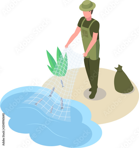 Fisherman pulling a net full of freshwater fish from a pond