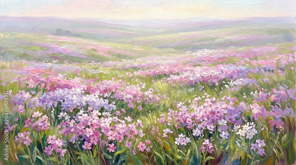 Obraz premium Impressionist Oil Painting of Pink Phlox Wildflower Field and Rolling Hills Landscape