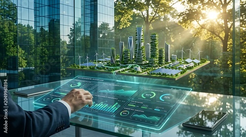 Futuristic eco city model on holographic interface with businessman