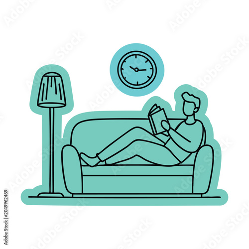 Relaxing on Couch with Book Sticker Doodle Illustration